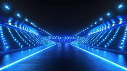 Illustration of a stadium illuminated with abstract blue neon lights. 3D sports technology background. Ai generated