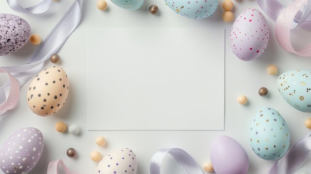 Pastel Easter eggs with ribbons and a blank card template