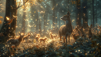 Animals with musical notes in forest. - obrazy, fototapety, plakaty