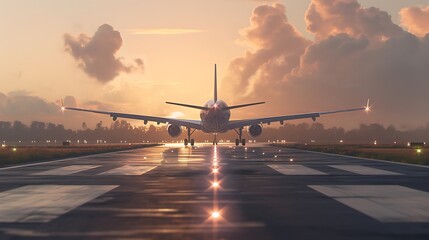 an AI-generated image capturing the essence of an airplane touching down on a runway, employing...
