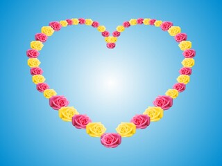 Heart of flowers of yellow and red roses - occasional and decorative composition with effect of light and blue background. Topics: graphic, wallpaper, card, symbol, love, blooming, for occasions