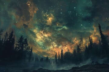 Mystical realms where the aurora paints stories of old magic across the sky. - obrazy, fototapety, plakaty