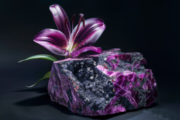 Ruby Zoisite stone, Lilium ‘Black Beauty’ flower,  A beautifully spotted lily flower emerges from a chunk of amethyst, blending flora with a touch of geology