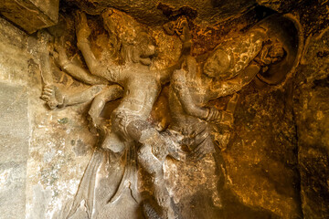 Ellora caves, a UNESCO World Heritage Site in Maharashtra, India. Cave 15. Vishnu as half-man...