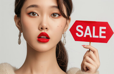 Photo of a beautiful asian woman with brown hair and red lipstick, holding up the word 