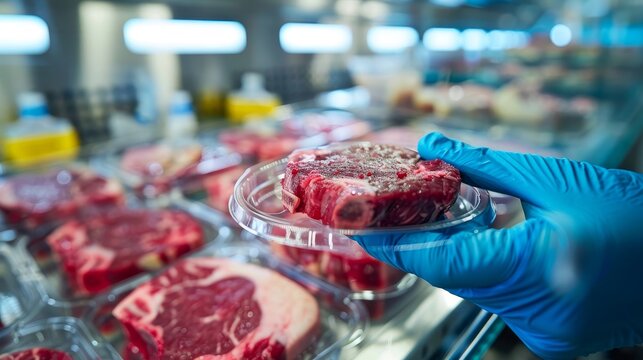 A photo depicting blue-gloved hands holding a petri dish filled with meat steaks