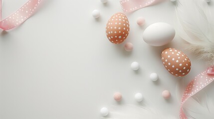 Easter eggs with polka dots, feathers, and pink ribbon on a light background.