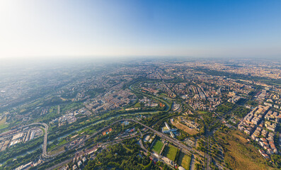 Fototapeta na wymiar Rome, Italy. World Exhibition Quarter - EUR. Panorama of the city on a summer morning. Sunny weather. Aerial view