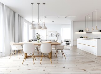 White modern living room with wooden floor and dining table, scandinavian style apartment interior in Amsterdam stock photo, high resolution, raw style interior in the style of contest winner