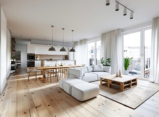 Fototapeta na wymiar White modern living room with wooden floor and dining table, scandinavian style apartment interior in Amsterdam stock photo, high resolution, raw style interior in the style of contest winner