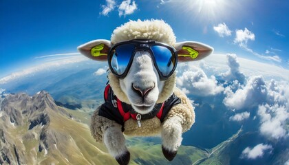 Parachutist sheep jumping in the air - obrazy, fototapety, plakaty