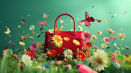 an AI-generated image employing 3D rendering, presenting an elegant red handbag adorned with a playful mix of spring flowers and butterflies on a vibrant green background attractive look