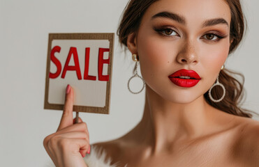 Photo of a beautiful woman with brown hair and red lipstick, holding up the word 