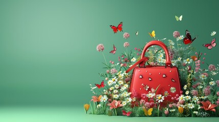an AI-generated image employing 3D rendering, presenting an elegant red handbag adorned with a playful mix of spring flowers and butterflies on a vibrant green background attractive look
