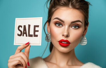 Photo of a beautiful woman with brown hair and red lipstick, holding up the word "SALE" on her right hand next to it is a sign that says sale