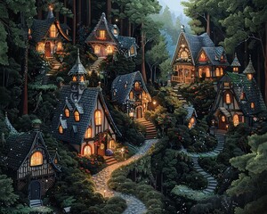 Create a mesmerizing illustration of a hidden fairy village deep within a mystical forest, showcasing intricate details of tiny houses and pathways The scene should evoke a sense of wonder and magic