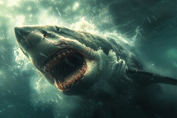 Majestic predator: Great white shark showcases its formidable jaws in a dynamic exhibit - obrazy, fototapety, plakaty