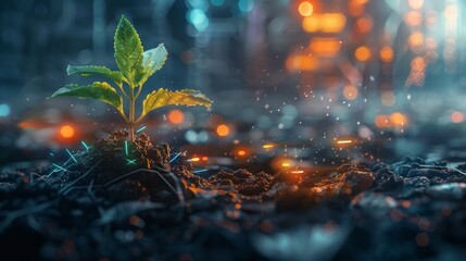A young shoot grows from the soil in front of a futuristic backdrop - obrazy, fototapety, plakaty