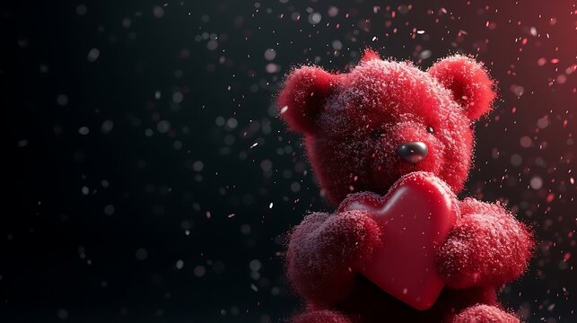 a delightful picture of a teddy bear in red, holding a heart, with transparent elements, using AI attractive look