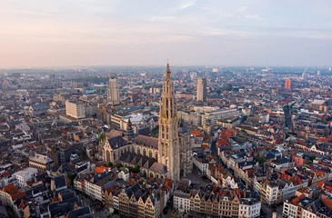 Rolgordijnen Antwerp, Belgium.Cathedral of Our Lady of Antwerp. Summer morning. Aerial view © nikitamaykov