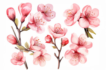 Watercolour cherry blossom set. Collection of sakura flowers on branches. Perfect for invitations, cards and more decoration.