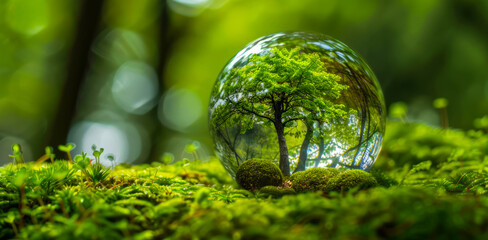 A green tree seen through the lens ball. 