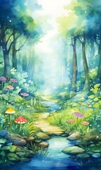 Detailed watercolor painting, dreamy enchanted magical forest with tall trees, green foliage, mushrooms, nature invitation card, wallpaper, banner fire flies