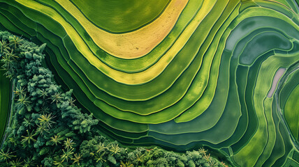 Drone over sunny rice fields.