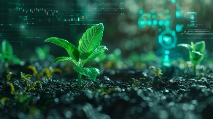 An illustration of a futuristic digital plant sprouting from the ground, featuring a lush green leaf - obrazy, fototapety, plakaty