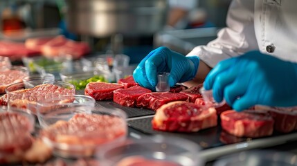 the hands of a scientist, adorned in blue gloves, meticulously examining meat samples from numerous petri dishes - obrazy, fototapety, plakaty