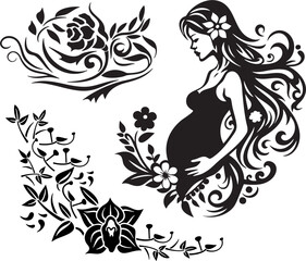 Vector beautiful pregnant woman ornamental and floral design. Creative illustration of an exquisite long haired lady with flowers and ornaments. Beauty, motherhood, health and decoration concept.