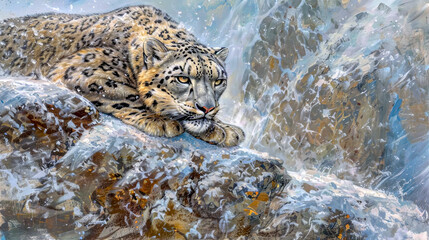 Snow leopard lying on ridge - 777417981