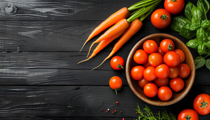 Bowl with fresh carrots and tomatoes on black wooden background - obrazy, fototapety, plakaty