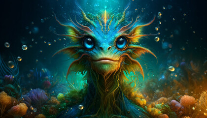 Fototapeta na wymiar A fantastical portrait of a creature with ocean-inspired features. The creature is a surreal appearance, with vibrant blue and green colors