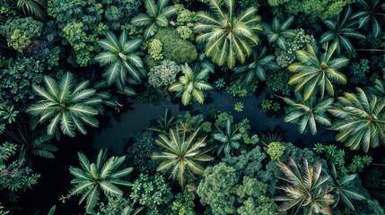 Aerial view of green tropical forest with palm trees and lake.