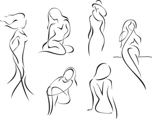 Beautiful women minimalist sketches, vinyl ready. Line drawing vector artistic illustrations of female silhouettes. Great for beauty, spa, fashion, and tourism logos, cards, signs, banners and posters