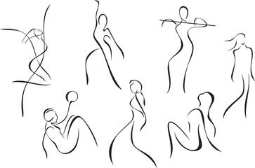 Active women line drawing vector illustrations, vinyl ready. Sporting, gymnastics, fitness and dancing silhouettes sketches. Great for sport and beauty logos, signs, banners, flyers and posters.