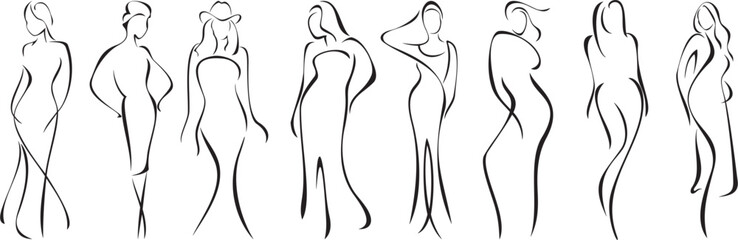 Vector beautiful woman silhouette series, minimalism. Young women, ladies, brides or fashion models in evening dresses. Exquisite black line drawings with female beauty and fashion concept. - obrazy, fototapety, plakaty