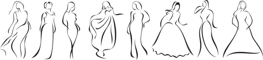 Vector beautiful woman silhouette series, minimalist style. Elegant women, retro ladies and brides with long gowns. Exquisite black line drawing sets with beauty and fashion concept.