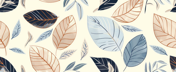 Modern and minimalist illustration of tropical leaves in various sizes, with clean lines and soft pastel colors including navy blue, cream beige, mustard yellow, burnt orange, teal green, off white