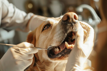 Dentista che esegue un controllo dentale su un cane - 777418777