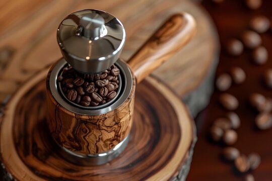 Close-up view of vintage craftsmanship on wooden background with aromatic beans, manual espresso preparation tool for gourmet brewing in cozy kitchen ambiance,