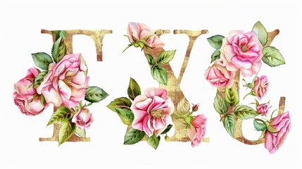 This gold letter set includes the alphabet letters and watercolor flowers pink roses and leaves. The floral monogram initial clip art can be used for wedding invitations, greeting cards and other