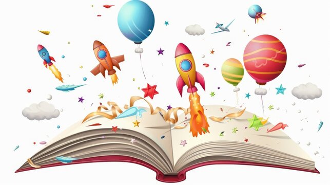 Flying balloons and rockets in a book illustration