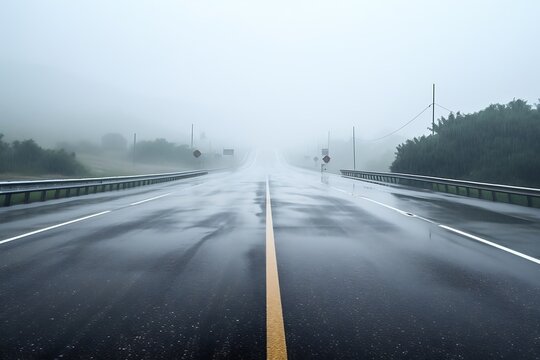 Highway in the mountains with fog and stormy clouds