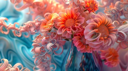 a digital artwork that merges the organic beauty of flowers in a vase with the computational...