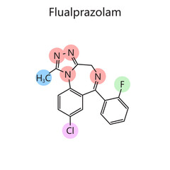 Chemical organic formula of Flualprazolam diagram hand drawn schematic vector illustration. Medical science educational illustration