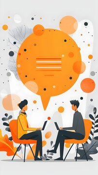 Business Partners Engaged in Customer Feedback Discussion in Modern Office Setting with Abstract Graphic Elements