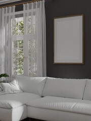 Frame mockup, interior frame, poster wood frame element and black living room in empty picture interior sofa and table wooden floor There in illustration 3d rendering.