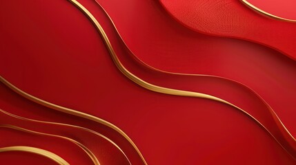 illustration of elegant 3D abstract gold Ribbon and wave lines on red background with luxury Style. Ai generated